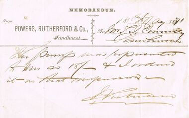 Document - THOMAS JAMES CONNELLY COLLECTION: MEMO 18 MAY 1871, 18/05/1871