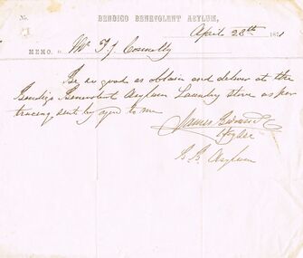 Document - THOMAS JAMES CONNELLY COLLECTION: MEMO 28 APRIL 1871, 28/04/1871