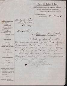 Document - KELLY AND ALLSOP COLLECTION: LETTER FROM PERCY C. BAKER TO M.KELLY, 07/11/1901