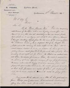 Document - KELLY AND ALLSOP COLLECTION: LETTER FROM D. FRASER TO M.P. KELLY, 09/11/1901