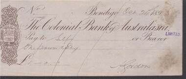 Document - KELLY AND ALLSOP COLLECTION: THE COLONIAL BANK OF AUSTRALASIA, CHEQUE, 24/10/1893
