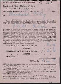 Document - KELLY AND ALLSOP COLLECTION: BENDIGO SEWERAGE AUTHORITY - RATE NOTICE, 19/04/1926