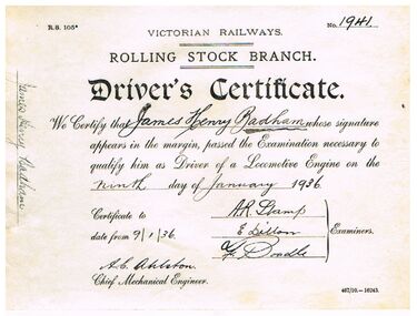 Document - BADHAM COLLECTION: DRIVERS CERTIFICATE ISSUED IN THE NAME OF JAMES HENRY BADHAM