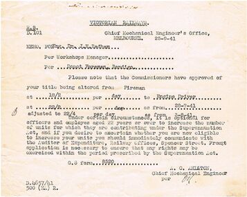 Document - BADHAM COLLECTION: PROMOTION FIREMAN TO ENGINE DRIVER