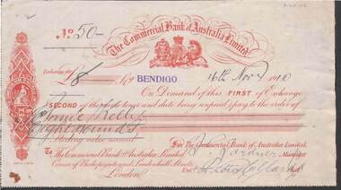 Document - KELLY AND ALLSOP COLLECTION: THE COMMERCIAL BANK OF AUSTRALIA LTD - BILL OF EXCHANGE, 16/11/1910