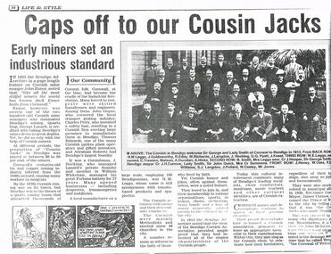 Document - CORNISH COLLECTION: COPY OF BENDIGO ADVERTISER ARTICLE TITLED ''CAPS OFF TO OUR COUSIN JACKS''