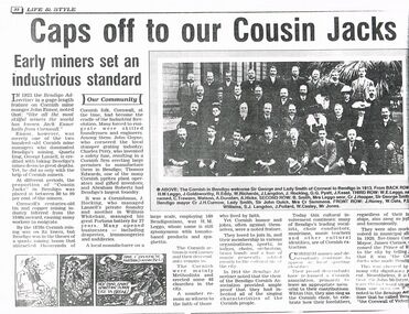 Document - CORNISH COLLECTION: COPY OF BENDIGO ADVERTISER ARTICLE TITLED ''CAPS OFF TO OUR COUSIN JACKS''