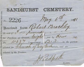 Document - BROCKLEY FAMILY DOCUMENTS: RECEIPT FOR PURCHASE OF GROUND