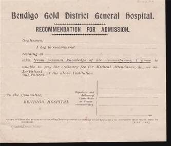 Document - KELLY AND ALLSOP COLLECTION: BENDIGO GOLD DISTRICT GENERAL HOSPITAL - ADMISSION FORM