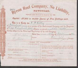 Document - KELLY AND ALLSOP COLLECTION: SHARE CERTIFICATES - BYRON REEF CO, 23/09/1905