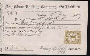 Document - KELLY AND ALLSOP COLLECTION: SHARE CERTIFICATE & RECEIPTS - NEW CHUM RAILWAY CO, 18/12/1905 to 23/04/1907