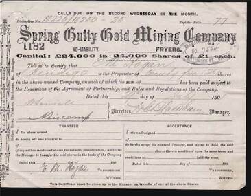 Document - KELLY AND ALLSOP COLLECTION: SHARE CERTIFICATES - SPRING GULLY GOLD MINING CO, 29/07/1901