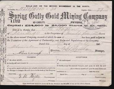Document - KELLY AND ALLSOP COLLECTION: SHARE CERTIFICATES - SPRING GULLY GOLD MINING CO, 29/07/1901