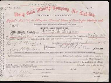 Document - KELLY AND ALLSOP COLLECTION: SHARE CERTIFICATE - UNITY GOLD MINING CO, 03/11/1899