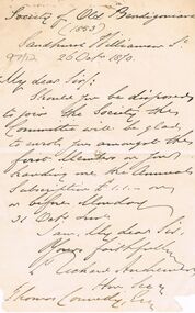 Document - THOMAS JAMES CONNELLY COLLECTION: SOCIETY OF OLD BENDIGONIANS LETTER 26 OCT 1870, 26/10/1870