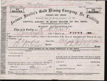 Document - KELLY AND ALLSOP COLLECTION: SHARE CERTIFICATES - FORTUNA HUSTLER'S GOLD MINING CO, 21/02/1908