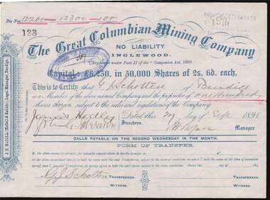 Document - KELLY AND ALLSOP COLLECTION: SHARE CERTIFICATES - THE GREAT COLUMBIAN MINING CO, 27/09/1898
