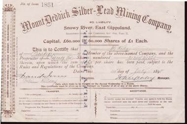 Document - KELLY AND ALLSOP COLLECTION: SHARE CERTIFICATES - MOUNT DEDDICK SILVER-LEAD MINING CO, 14/07/1898 to 09/02/1899