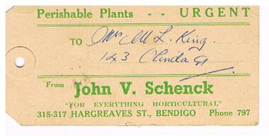 Ephemera - DELIVERY TICKET TO MRS M.L. KING FROM JOHN V. SCHENCK