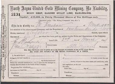 Document - KELLY AND ALLSOP COLLECTION: SHARE CERTIFICATES - NORTH ARGUS UNITED GOLD MINING CO, 02/03/1894