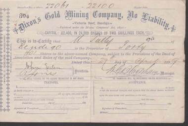 Document - KELLY AND ALLSOP COLLECTION: SHARE CERTIFICATES - DIXON'S GOLD MINING CO, 08/11/1895 to 27/04/1899