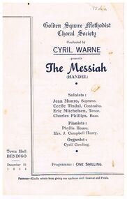 Document - PROGRAM: GOLDEN SQUARE METHODIST CHORAL SOCIETY  PRODUCTION THE MESSIAH 21.12.1954