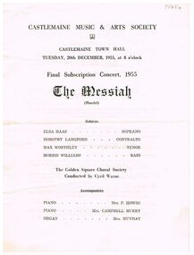 Magazine - PROGRAM: CASTLEMAINE MUSIC & ARTS SOCIETY PRODUCTION THE MESSIAH 20.12.1955