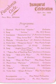 Document - LYDIA CHANCELLOR COLLECTION; PROGRAMME OF INAUGURAL CELEBRATION FAVALORO'S CAFÉ