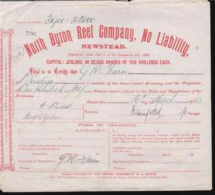 Document - KELLY AND ALLSOP COLLECTION: SHARE CERTIFICATE - NORTH BYRON REEF CO, 30/03/1903