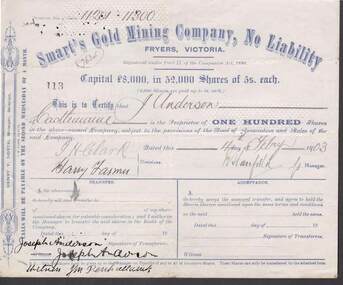 Document - KELLY AND ALLSOP COLLECTION: SHARE CERTIFICATE - SMART'S GOLD MINING CO, 04/02/1903