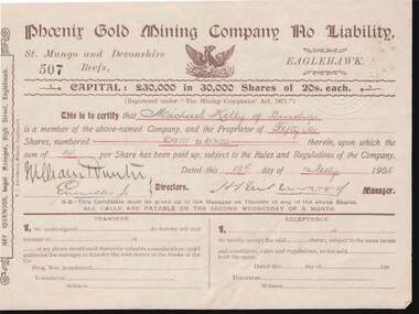 Document - KELLY AND ALLSOP COLLECTION: SHARE CERTIFICATE - PHOENIX GOLD MINING CO, 18/07/1908