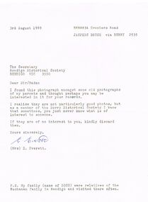 Document - LETTER FROM MRS E.EVERETT TO THE BENDIGO HISTORICAL SOCIETY