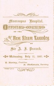 Document - LYDIA CHANCELLOR COLLECTION;  MOOROOPNA HOSPITAL  OFFICIAL OPENING OF NEW STEAM LAUNDRY. MENU