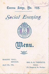 Document - LYDIA CHANCELLOR COLLECTION;  CORONA LODGE SOCIAL EVENING MENU