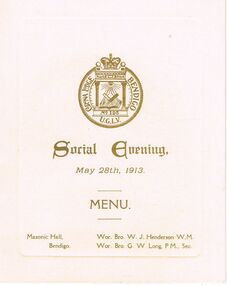 Document - LYDIA CHANCELLOR COLLECTION;  CORONA LODGE NO. 195 SOCIAL EVENING MENU