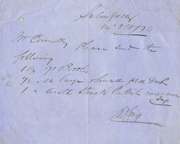 Document - THOMAS JAMES CONNELLY COLLECTION: ORDER DATED 14 OCT 1870