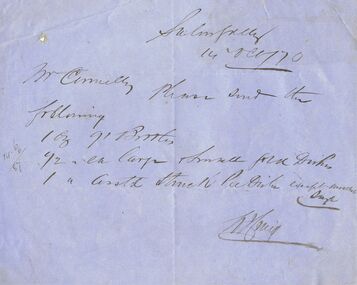 Document - THOMAS JAMES CONNELLY COLLECTION: ORDER DATED 14 OCT 1870