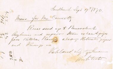 Document - THOMAS JAMES CONNELLY COLLECTION: MEMO DATED 17 SEPT 1870, 174/09/1870