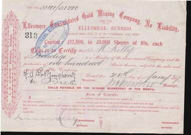Document - KELLY AND ALLSOP COLLECTION: SHARE CERTIFICATE - CONSOLIDATED GOLD MINING COMPANY, 28/01/1897