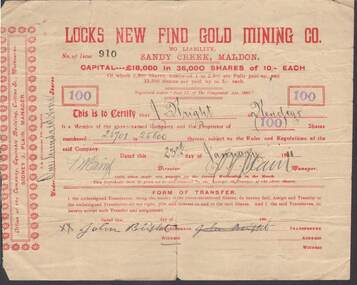 Document - KELLY AND ALLSOP COLLECTION: SHARE CERTIFICATE - LOCKS NEW FIND GOLD MINING CO, 23/01/1911
