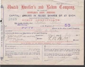 Document - KELLY AND ALLSOP COLLECTION: SHARE CERTIFICATES - UNITED HUSTLER'S & REDAN COMPANY, 22/07/1912 to 26/10/1914