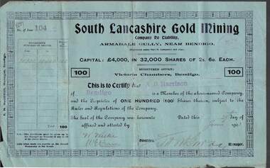 Document - KELLY AND ALLSOP COLLECTION: SHARE CERTIFICATES - SOUTH LANCASHIRE GOLD MINING, 29/06/1903 to 11/07/1904