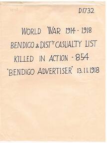 Newspaper - NEWSPAPER: WORLD WAR 1 BENDIGO & DISTRICT CASUALTY LIST