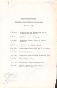Document - PROPOSED PROGRAMME FOR ALEXANDRA FOUNTAIN CENTENARY CELEBRATIONS 5TH JULY 1981, 05/07/1981