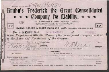 Document - KELLY AND ALLSOP COLLECTION: SHARE CERTIFICATES, BRUHN'S FREDERICK THE GREAT MINE, 03/05/1905 to 09/10/1908