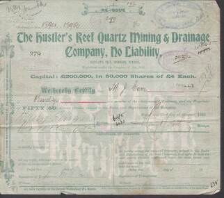 Document - KELLY AND ALLSOP COLLECTION: SHARE CERTIFICATES - HUSTLER'S REEF, IRONBARK, BENDIGO, 23/08/1902 to 25/01/1904