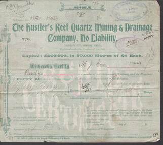 Document - KELLY AND ALLSOP COLLECTION: SHARE CERTIFICATES - HUSTLER'S REEF, IRONBARK, BENDIGO, 23/08/1902 to 25/01/1904