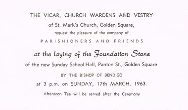 Document - LYDIA CHANCELLOR COLLECTION;  LAYING OF ST. MARK'S SUNDAY SCHOOL FOUNDATION STONE