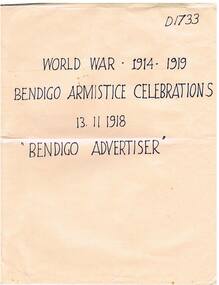 Newspaper - THE BENDIGO ADVERTISER DATED 13.11.1918 FEATURING BENDIGO ARMISTICE CELEBRATIONS