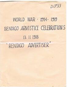 Newspaper - THE BENDIGO ADVERTISER DATED 13.11.1918 FEATURING BENDIGO ARMISTICE CELEBRATIONS